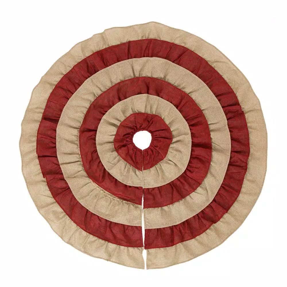 Glitzhome 48 in. Faux Burlap Christmas Tree Skirt - Red and Brown Striped Holiday Decor