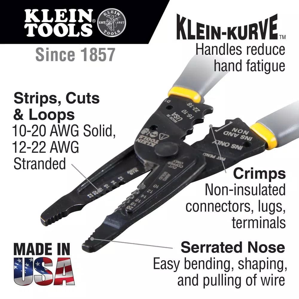 Klein Tools 7 in. Long Nose Wire Stripper and Cutter, 10-20 AWG Solid & 12-22 AWG Stranded, Multi-Tool Crimper