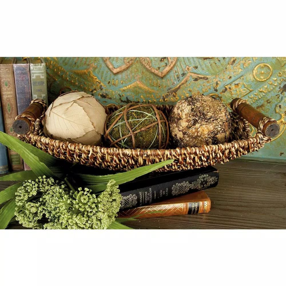 LITTON LANE Globe Trotter Set of 3 Seagrass Boat-Shaped Trays with Cherrywood Dowel Handles