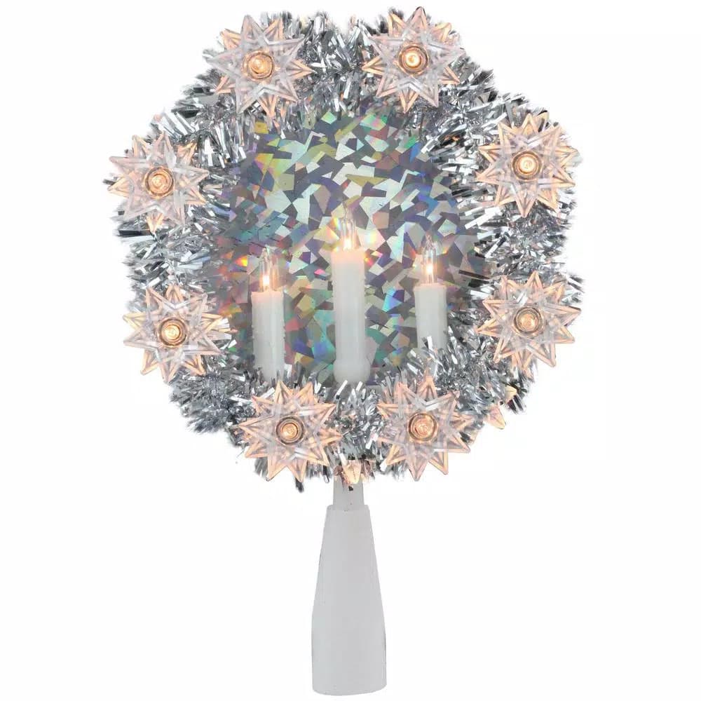 Northlight 7 in. Silver Tinsel Christmas Tree Topper Wreath with Lighted Candles and Star Lights