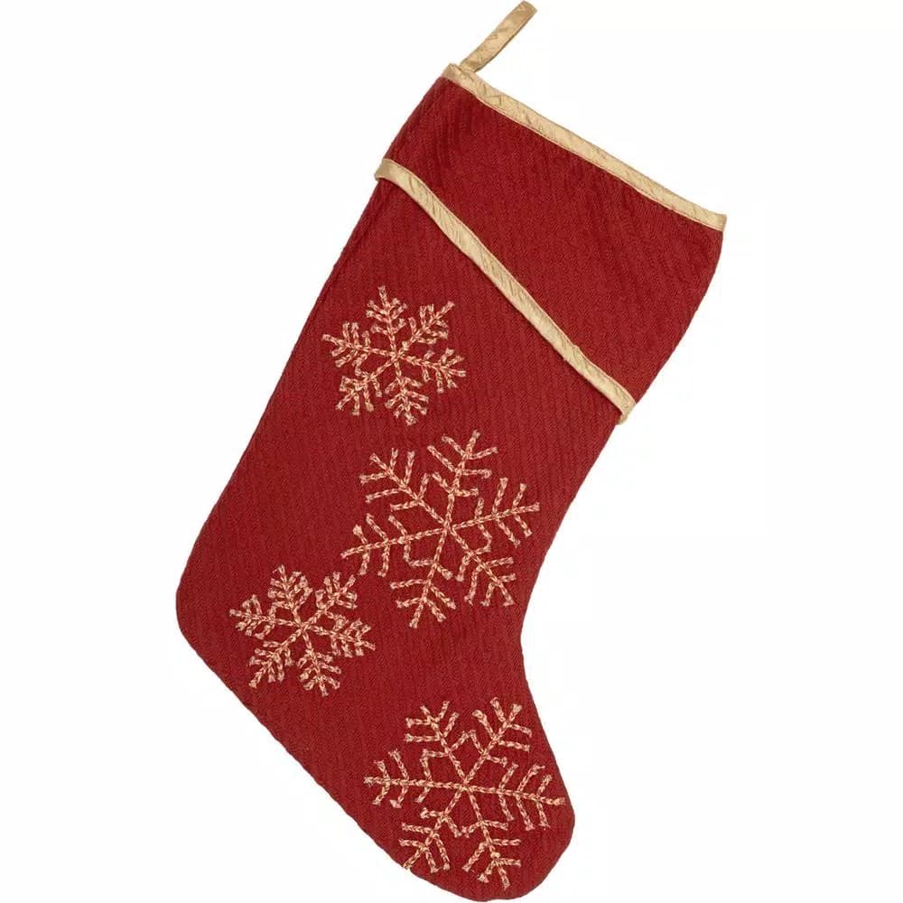VHC Brands 15 in. Revelry Brick Red Traditional Christmas Stocking with Gold Embroidered Snowflakes
