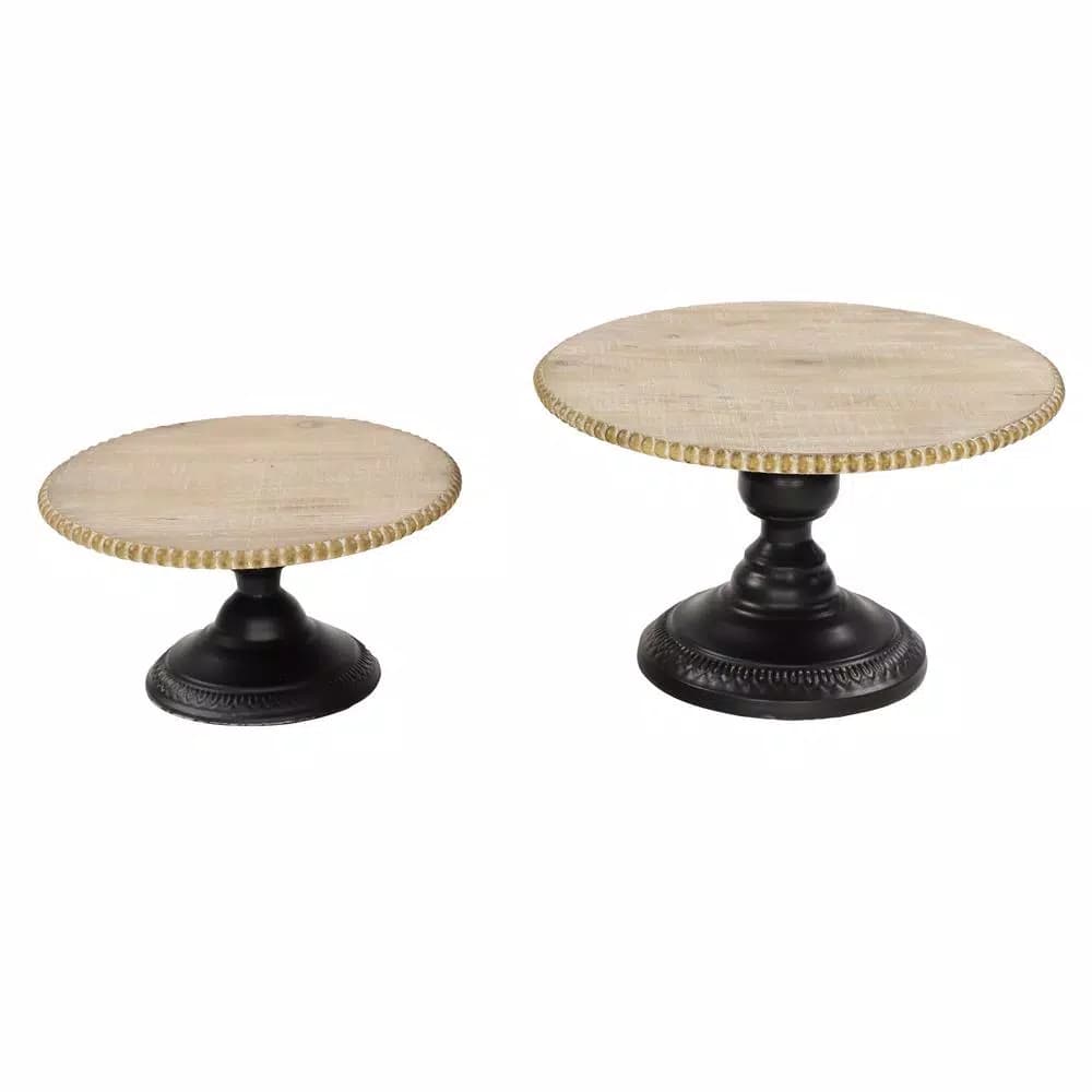 LITTON LANE Natural Beige Chinese Fir Wood and Black Iron Round Decorative Tray Stands Set of 2