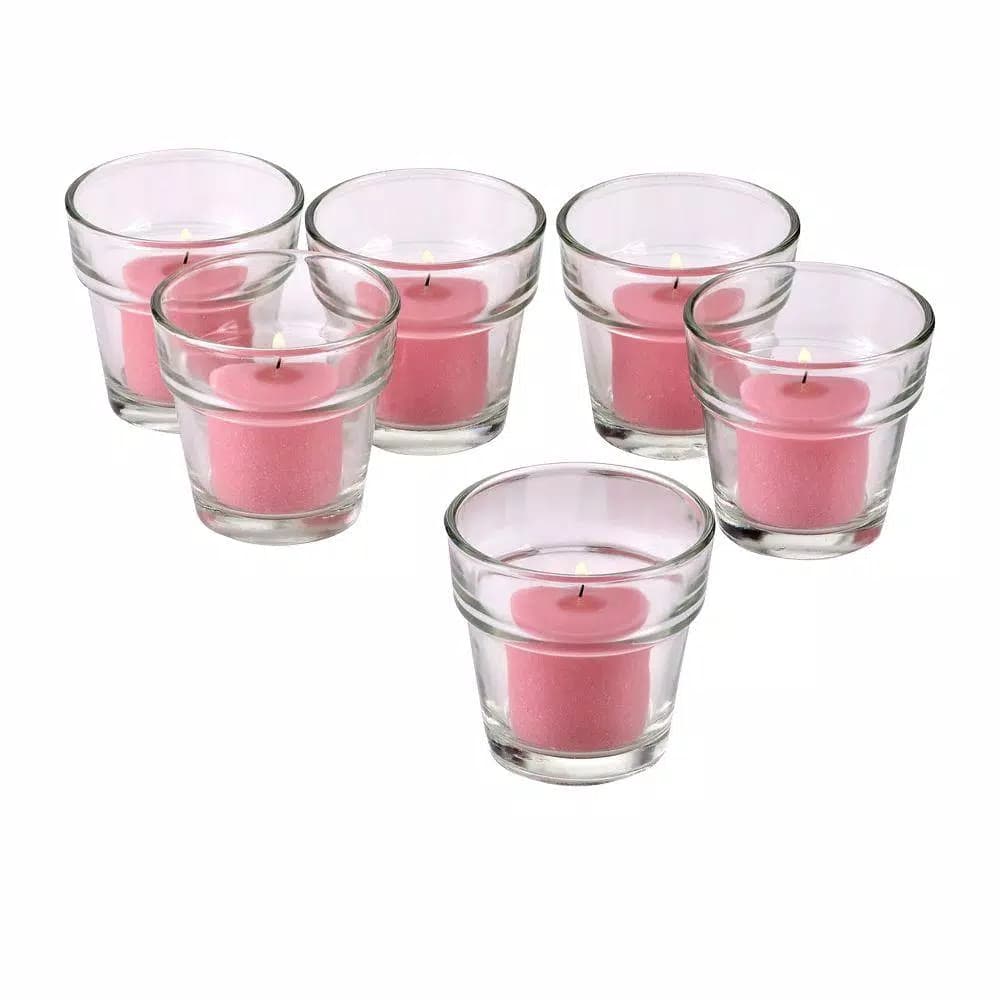 Light In The Dark Clear Glass Flower Pot Votive Candle Holders with Soft Pink Votive Candles, Set of 12
