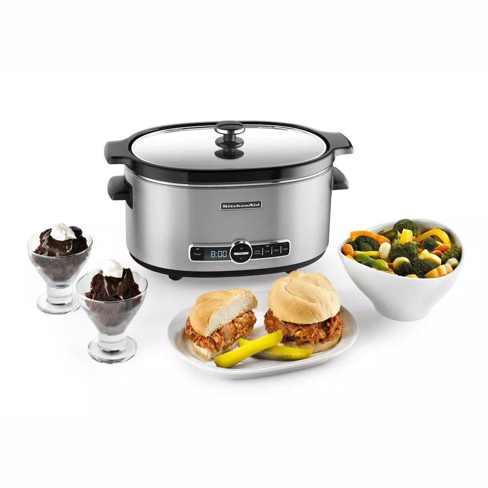 KitchenAid 6 Qt. Stainless Steel Slow Cooker with Digital Timer and Glass Lid, Oval Ceramic Vessel