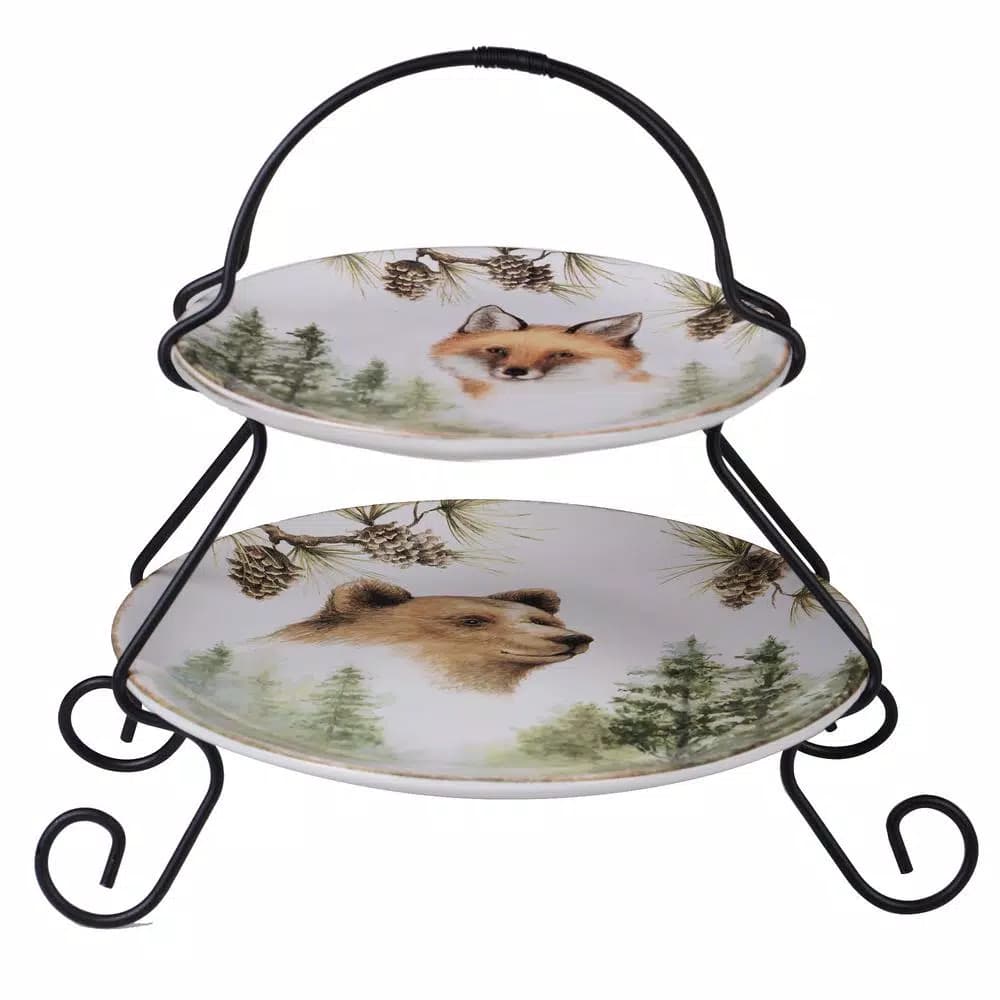 Certified International Mountain Retreat 2-Tier Ceramic Cake & Tiered Stand