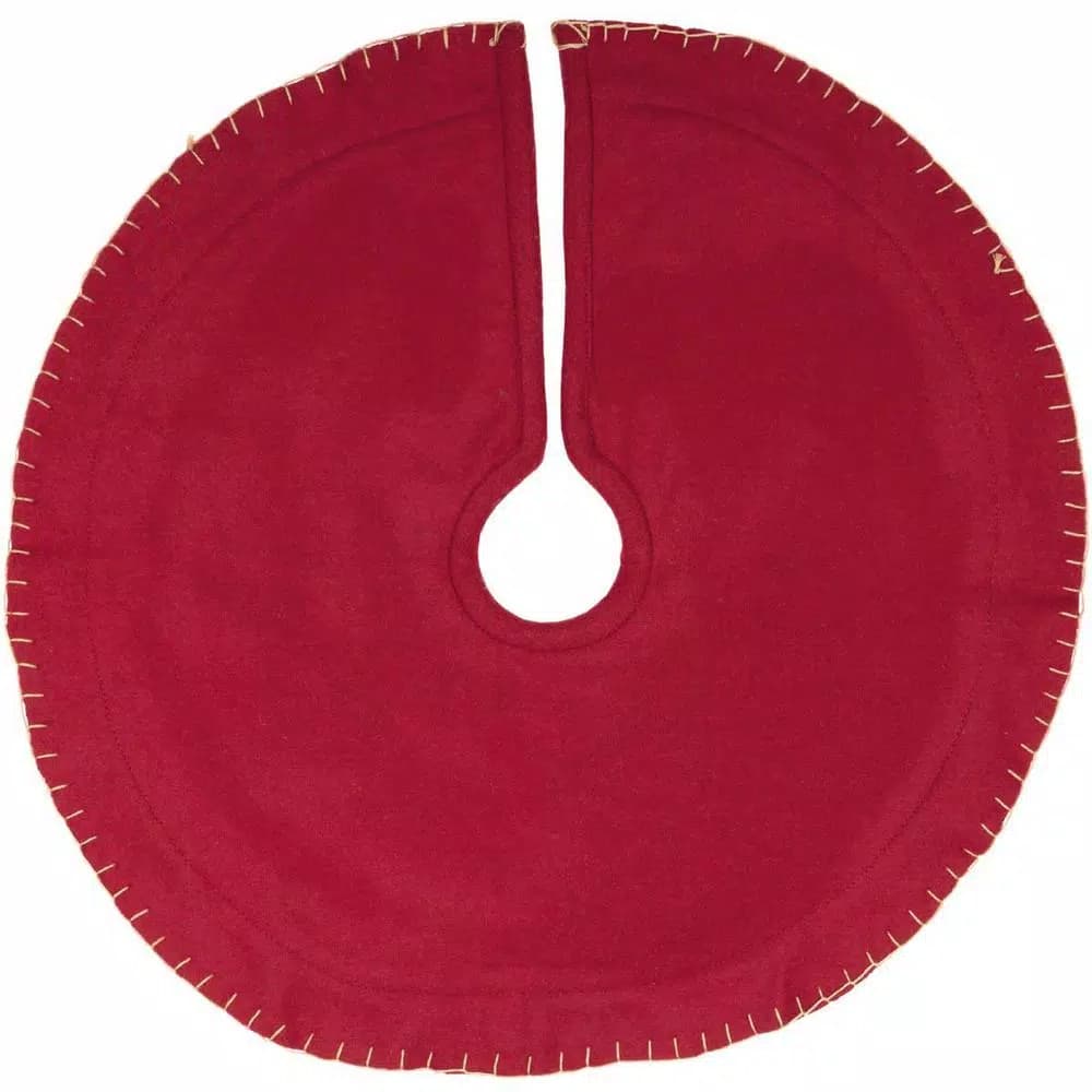VHC Brands Claren 21 in. Cotton Cherry Red Plaid Christmas Tree Skirt with Gold Metallic Thread