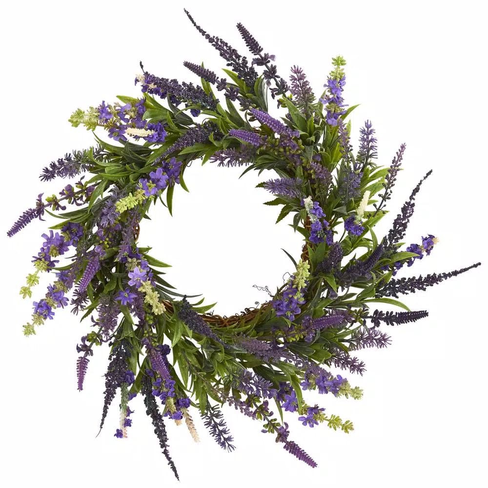 Nearly Natural 18 in. Lavender Flower Wreath, Purple Fabric Floral Decor