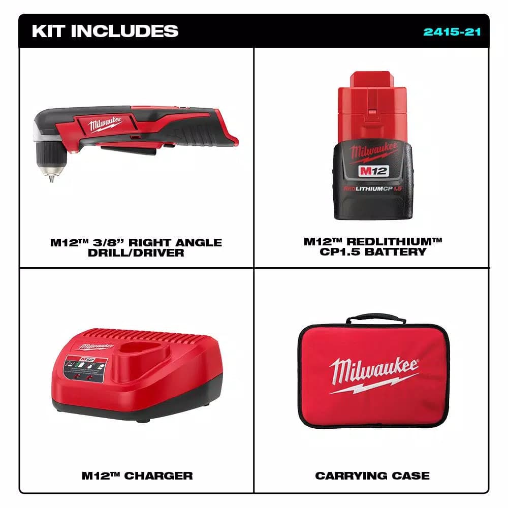Milwaukee M12 12V Lithium-Ion Cordless 3/8 in. Right-Angle Drill/Driver Kit with 1.5Ah Battery, Charger & Bag