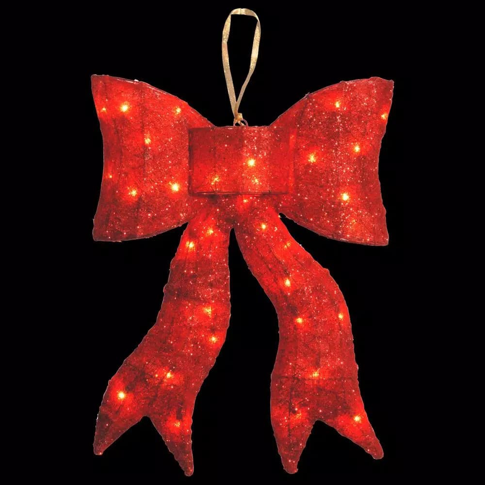 National Tree Company 24 in. Pre-Lit Red Wavy Sisal Bow with 35 Clear Lights