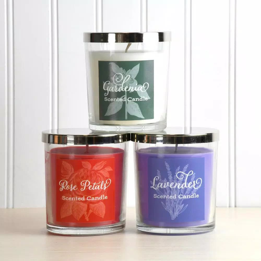 LUMABASE Floral Collection Scented Candles Set of 3 - Gardenia, Rose Petals, and Lavender - 10 oz Glass Jars