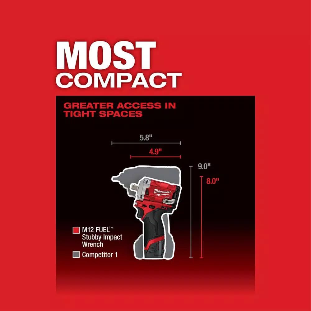 Milwaukee M12 FUEL 1/2 in. Stubby Brushless Cordless Impact Wrench Kit with 2 Batteries and Bag