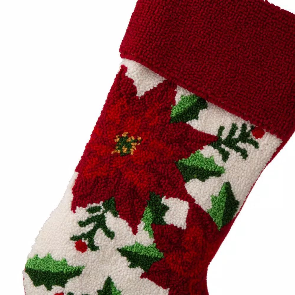 Glitzhome 21 in. Poinsettia Hooked Christmas Stocking - Acrylic and Polyester Holiday Decor