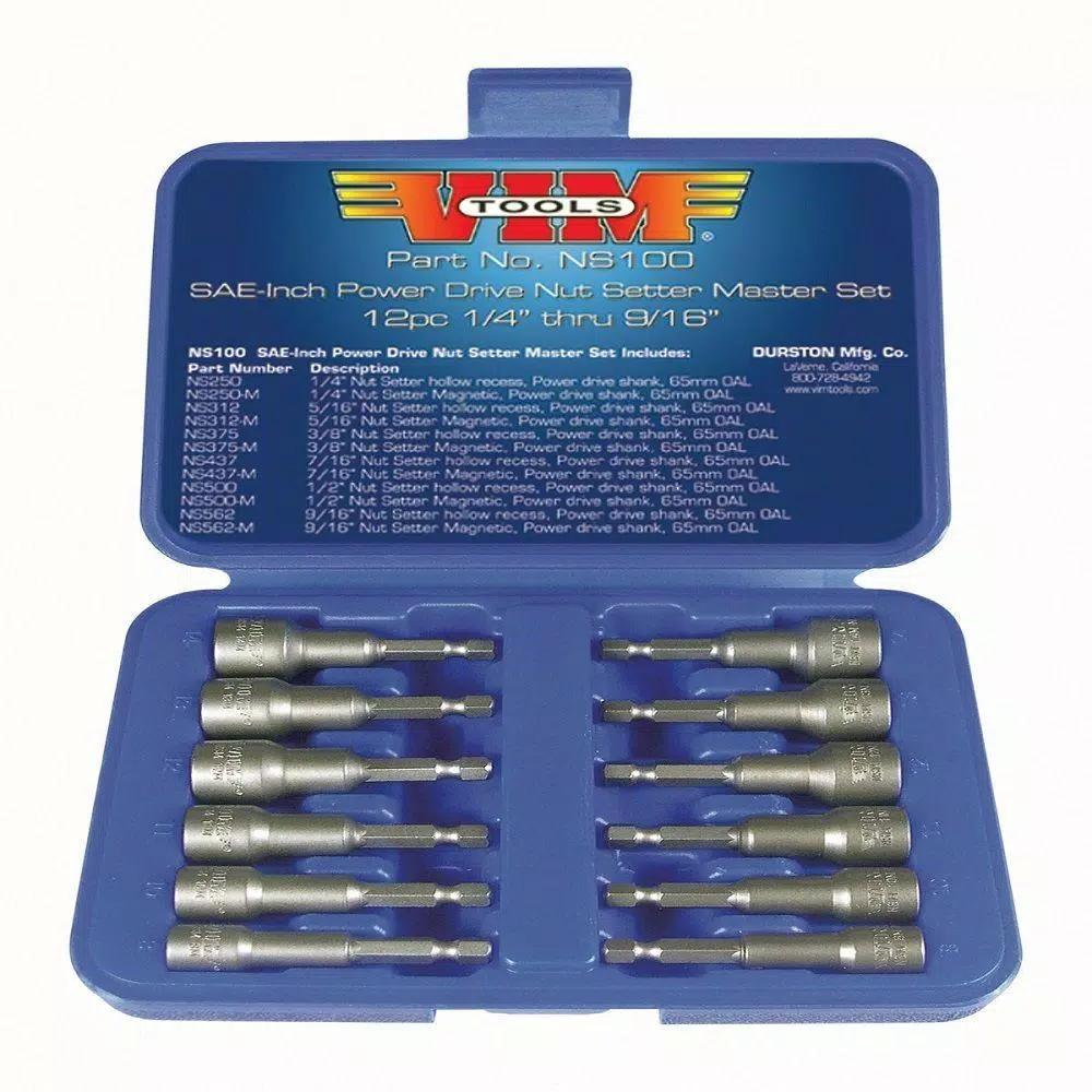 VIM Tools 12-Piece Magnetic and Hollow Body Nut Setter Set, SAE/Inch, 1/4 in. Hex Shank