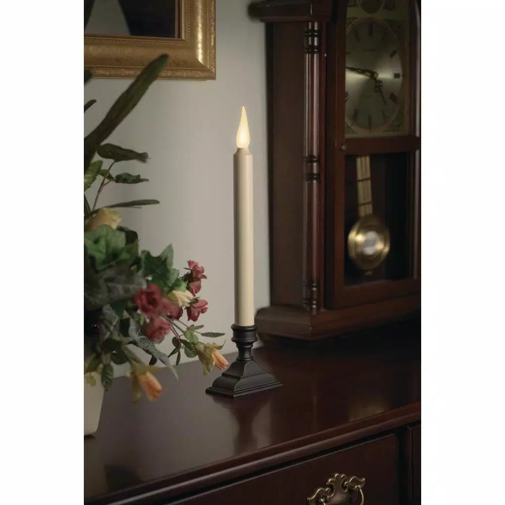 Xodus Innovations 12.5 in. White LED Taper Candle with Realistic 3D Warm Flame and Aged Bronze Base