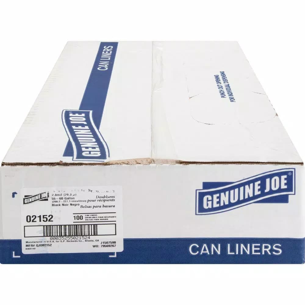 Genuine Joe 60 Gallon Heavy Duty 2-Ply Black Trash Bag Liners, 0.8 Mil, 100 Count