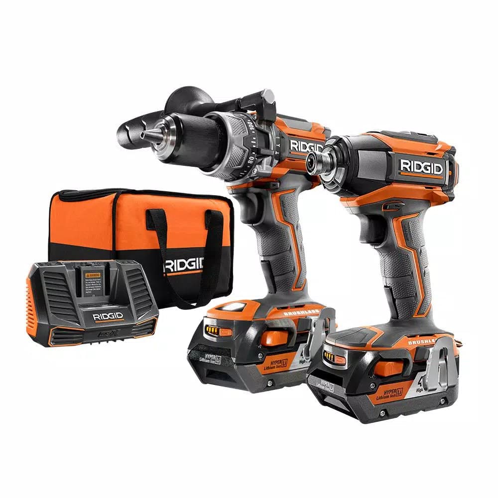 RIDGID 18V Brushless Hammer Drill & Impact Driver Combo Kit with (4) Lithium-Ion Batteries