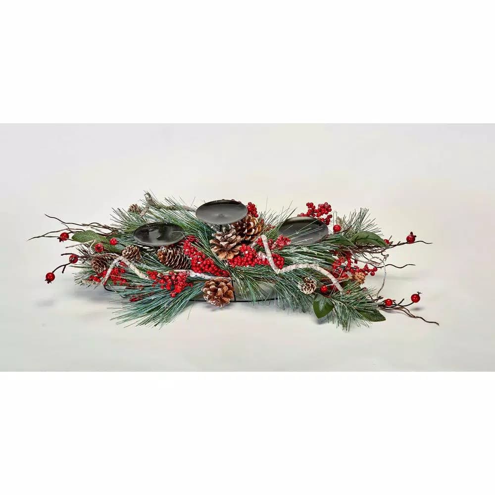 Unbranded 24 in. Pine Berry Holiday Candle Holder with Metal Bases and Festive Foliage