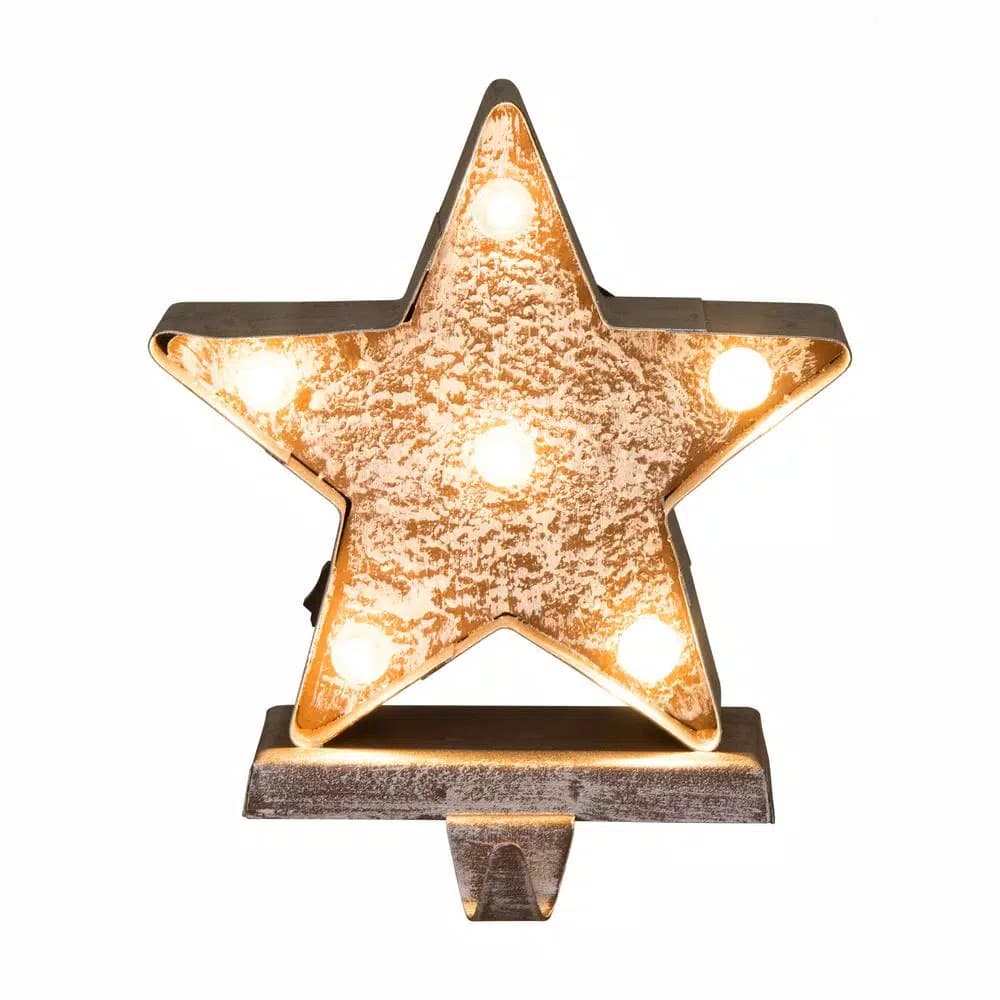 Glitzhome 7.5 in. Marquee LED Lighted Star Christmas Stocking Holder, Gold