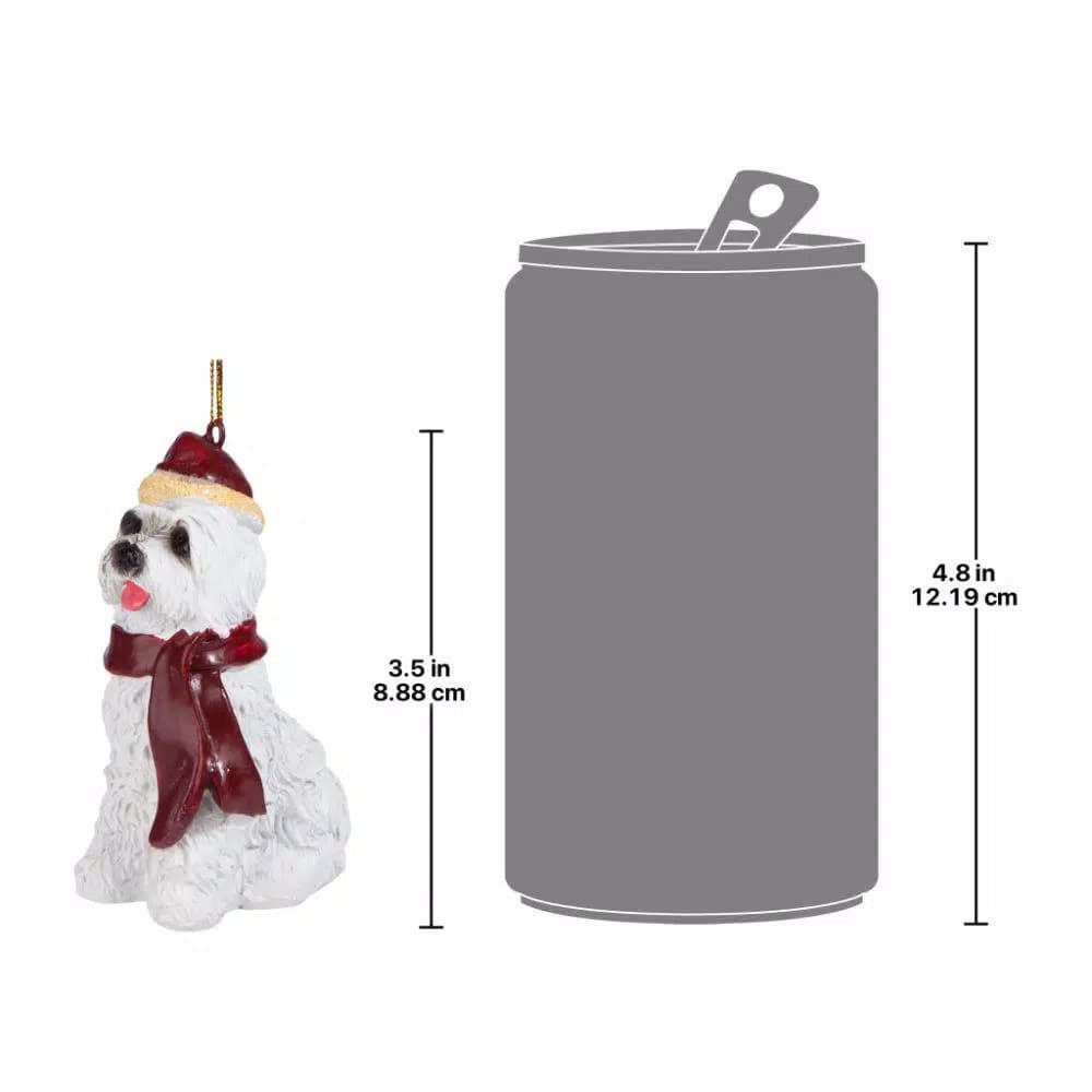 Design Toscano Maltese Dog Holiday Ornament Sculpture with Santa Hat and Red Scarf