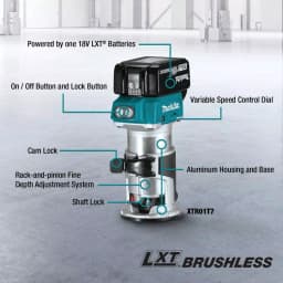 Makita 18V LXT Brushless Router, Jig Saw, and 2 Gal. Dust Extractor Combo Kit with 5.0 Ah Battery and Charger thumbnail 2