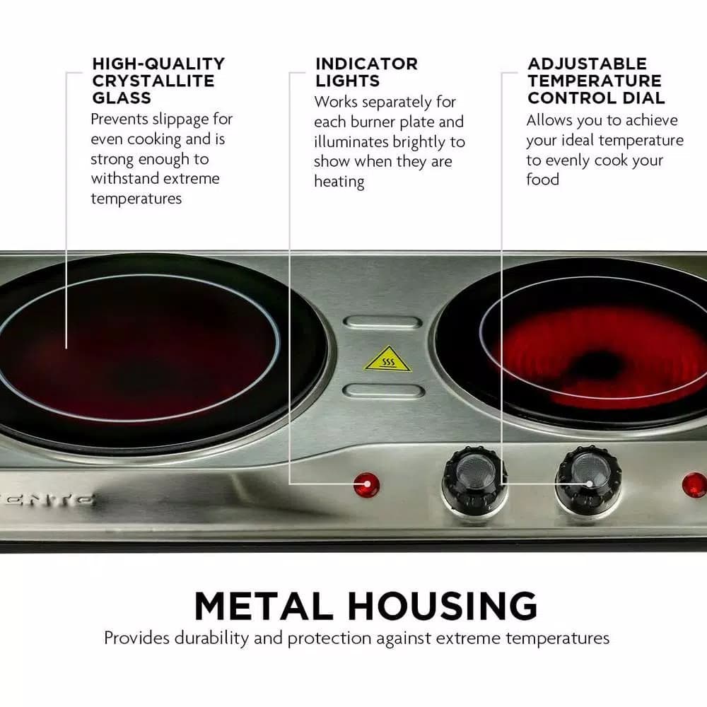 Ovente 1700W Double Electric Hot Plate, Infrared Glass Cooktop with 2 Burners, Silver