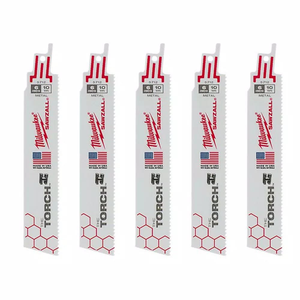 Milwaukee TORCH 6 in. 10 TPI Metal Cutting Reciprocating Saw Blades, Bi-Metal, 5-Pack