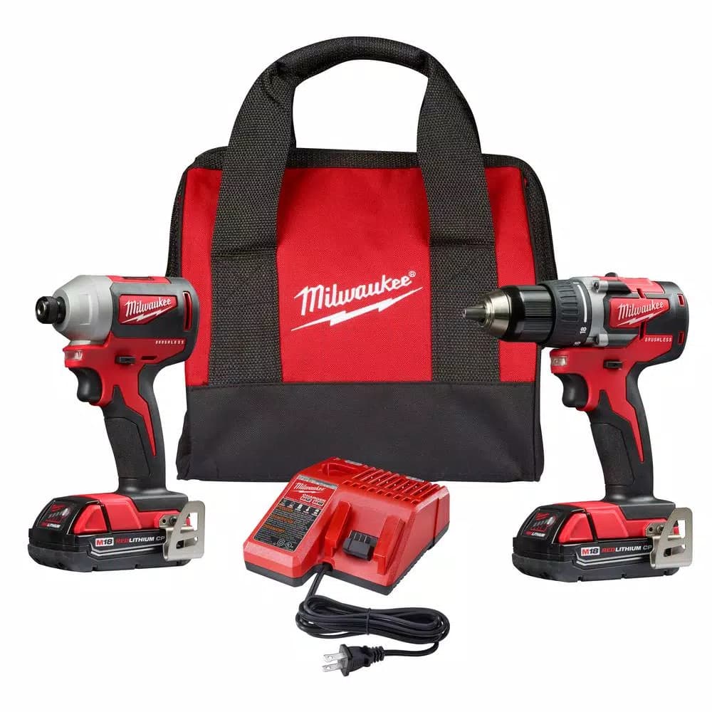 Milwaukee M18 18V Brushless Cordless Compact Drill and Impact Driver Combo Kit (2-Tool) with (2) 2.0Ah Batteries