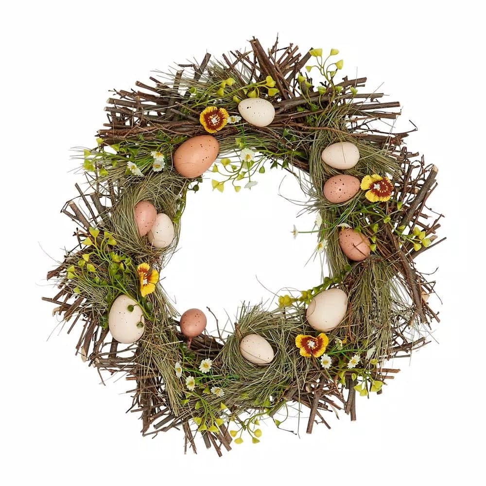 Worth Imports 15 in. Nested Egg Spring Wreath with Silk Flowers and Speckled Eggs