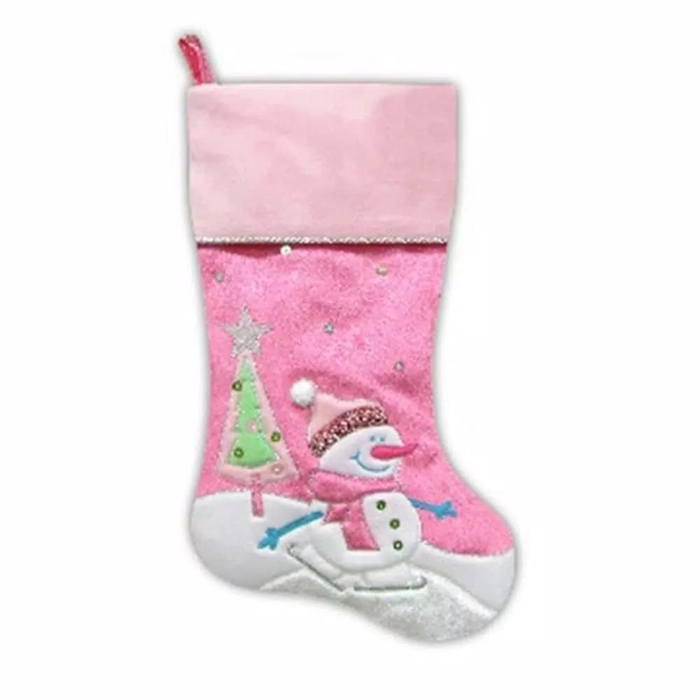 Northlight 20.5 in. Pink Embroidered Ice Skating Snowman & Christmas Tree Stocking with Holographic Sequins