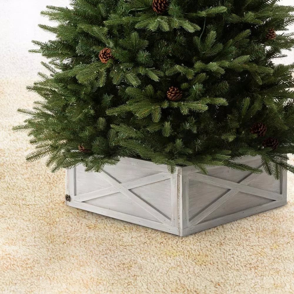 Unbranded 26 in. Washed White Wooden Tree Collar - Handcrafted Solid Wood Tree Box
