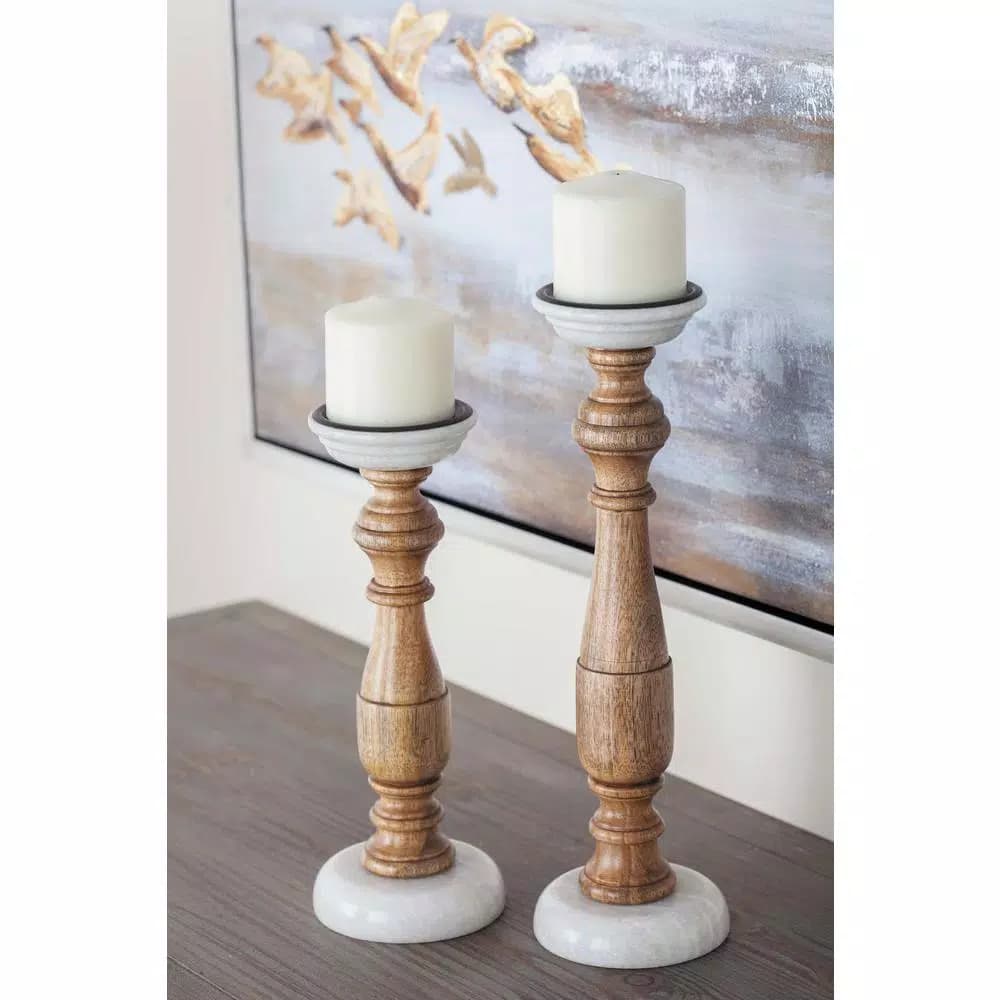 LITTON LANE New Traditional Mango Wood and White Marble Candle Holder Set of 2