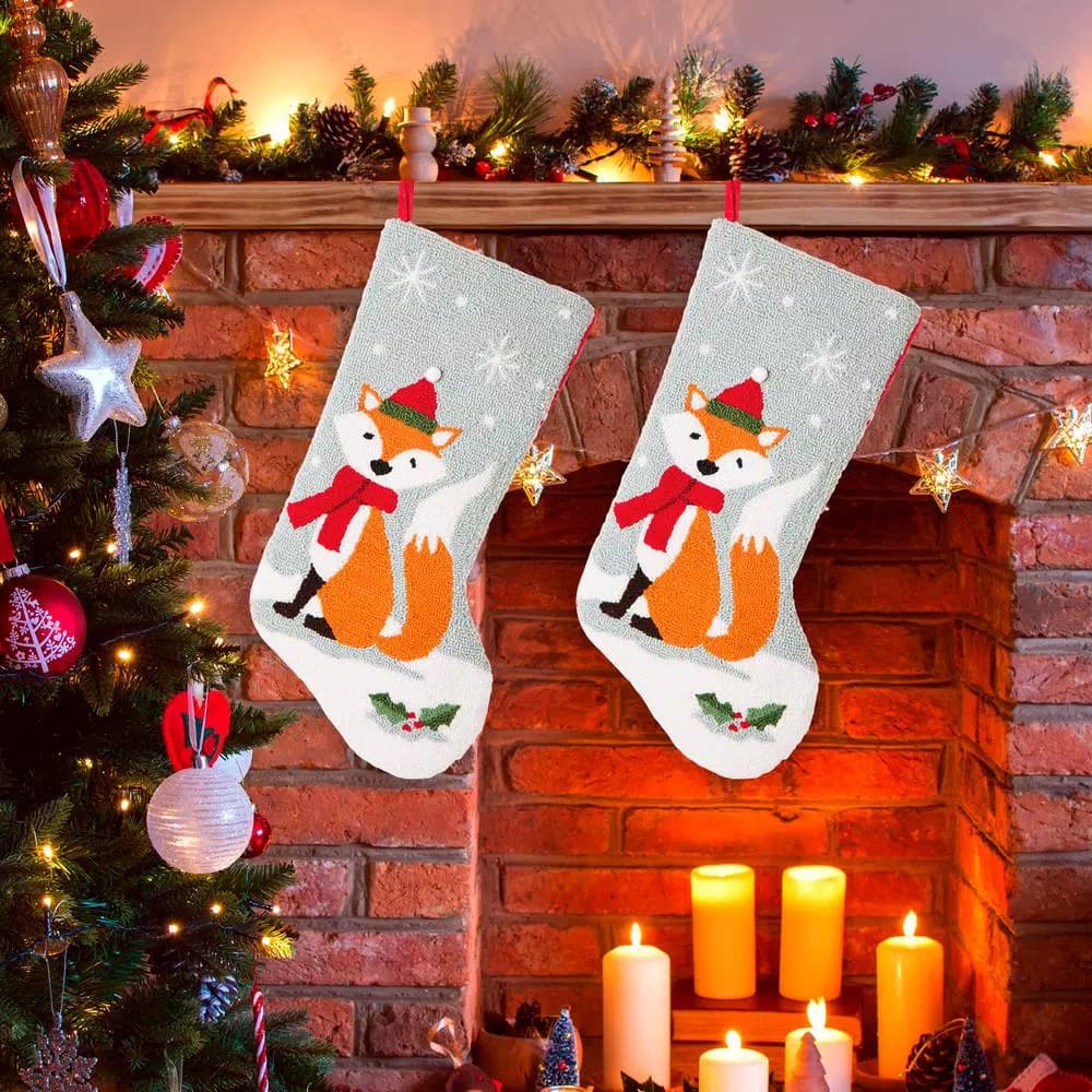 Glitzhome 19 in. Polyester Fox Hooked Christmas Stockings, 2-Pack
