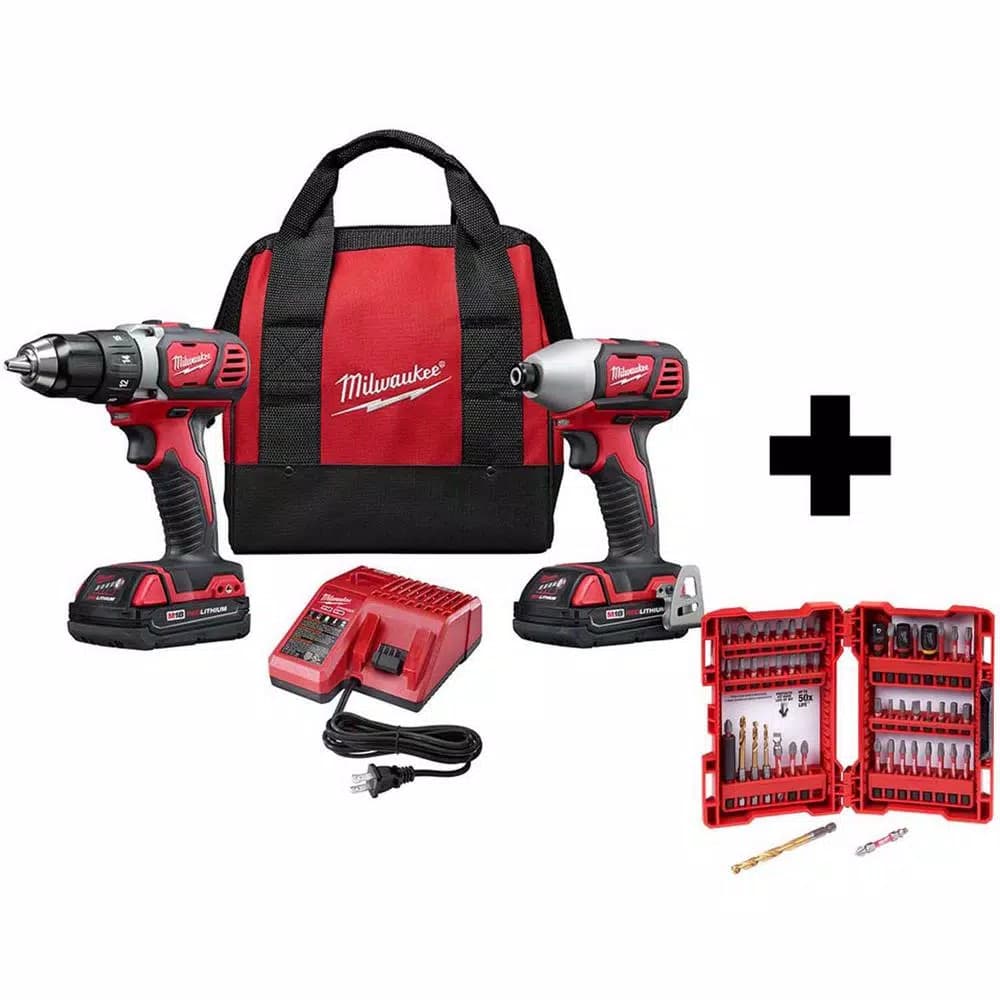 Milwaukee M18 18V Lithium-Ion Cordless Drill Driver and Impact Driver 2-Tool Combo Kit with 2 Batteries and 50-Pc Bit Set