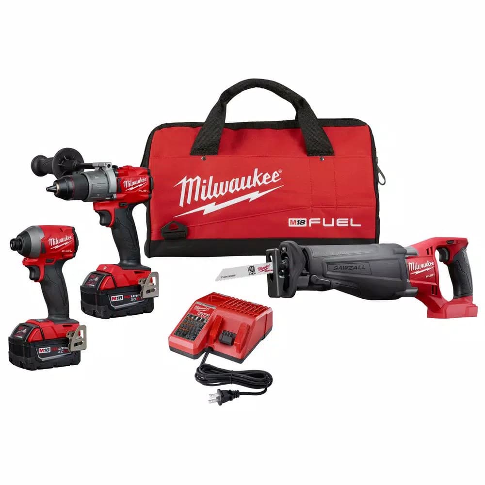 Milwaukee M18 FUEL 18V Lithium-Ion Brushless 3-Tool Combo Kit with (2) 5Ah Batteries, Charger and Bag