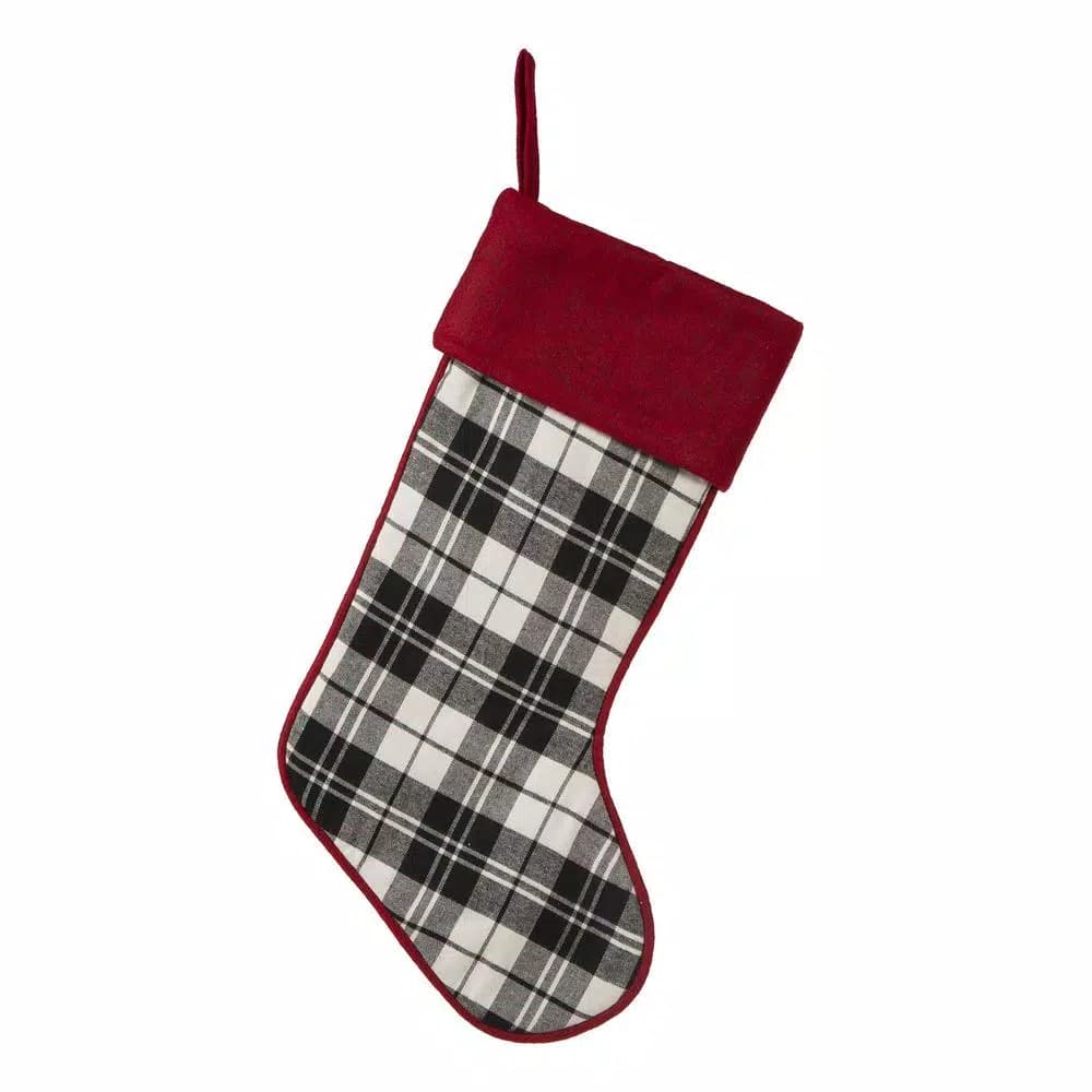 Glitzhome 20 in. Black and White Plaid Fabric Christmas Stocking with Red Rim