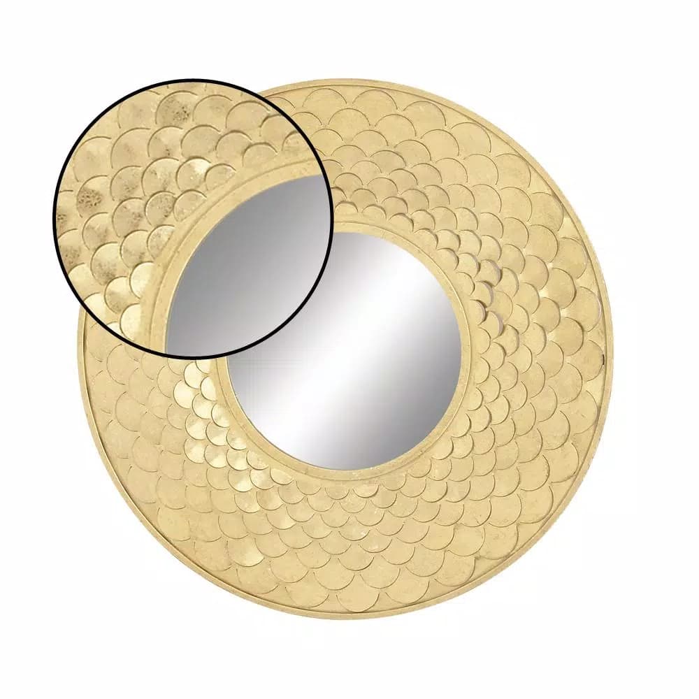 LITTON LANE 32 in. Round Gold Contemporary Iron Accent Mirror with Raised Scale Pattern