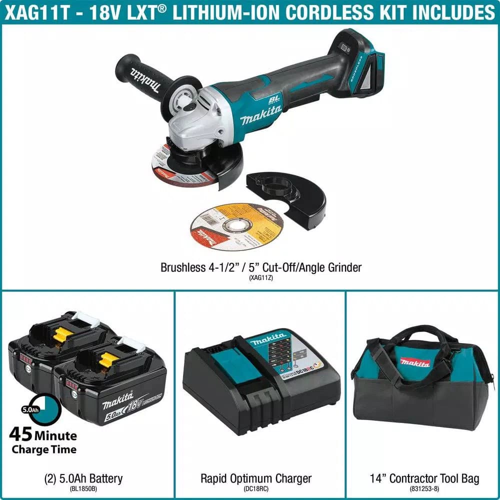Makita 18V LXT Brushless 5 in. Cordless Angle Grinder Kit with 5.0Ah Battery & Charger