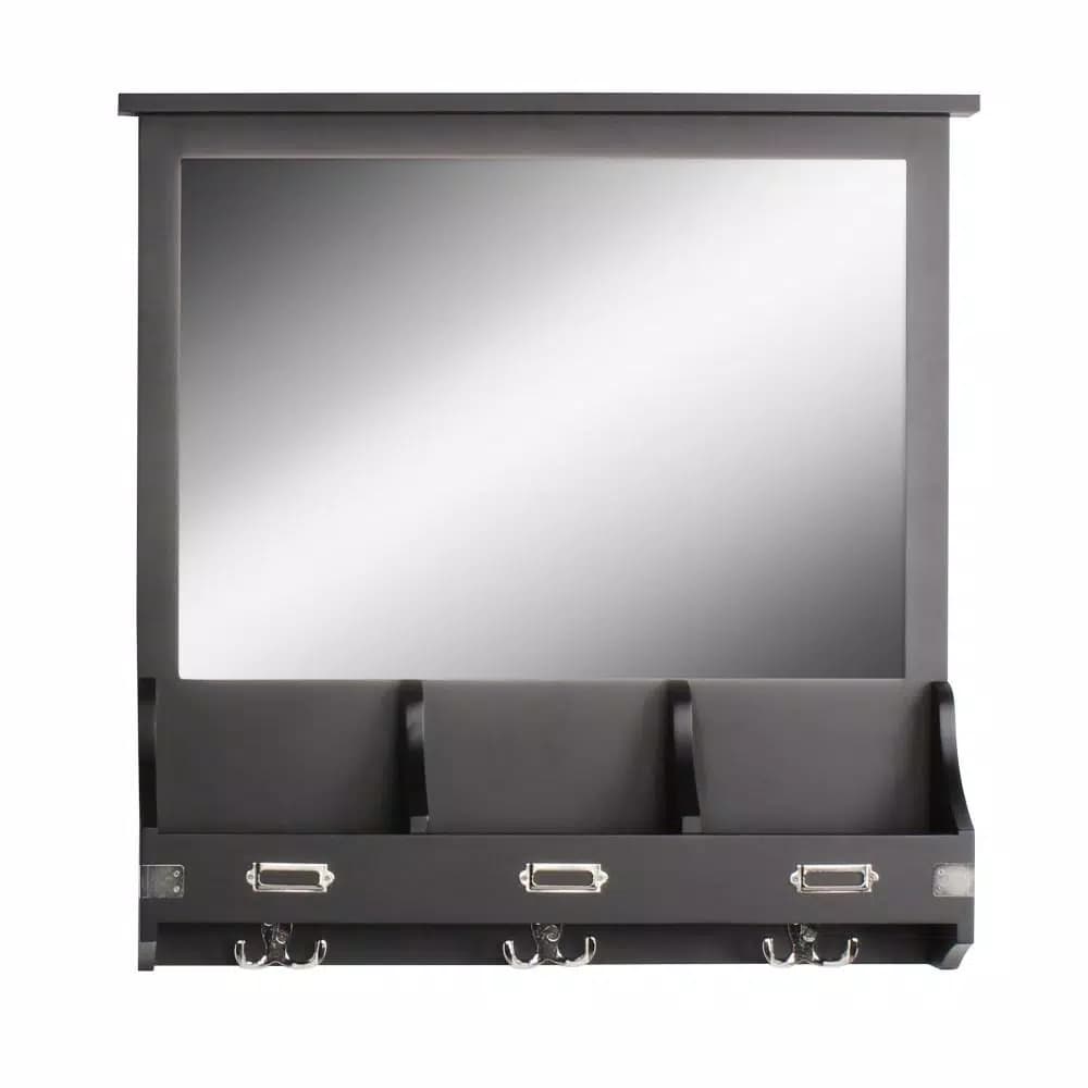 Kate and Laurel Stallard Black Multi-Function Wall Mirror Memo Board with Hooks and Pockets