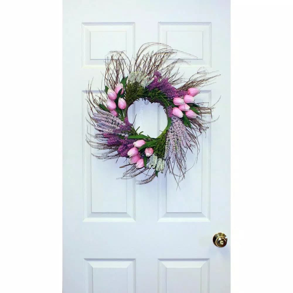 Worth Imports 22 in. Pink and Purple Tulip and Lavender Silk Wreath on Natural Twig Base