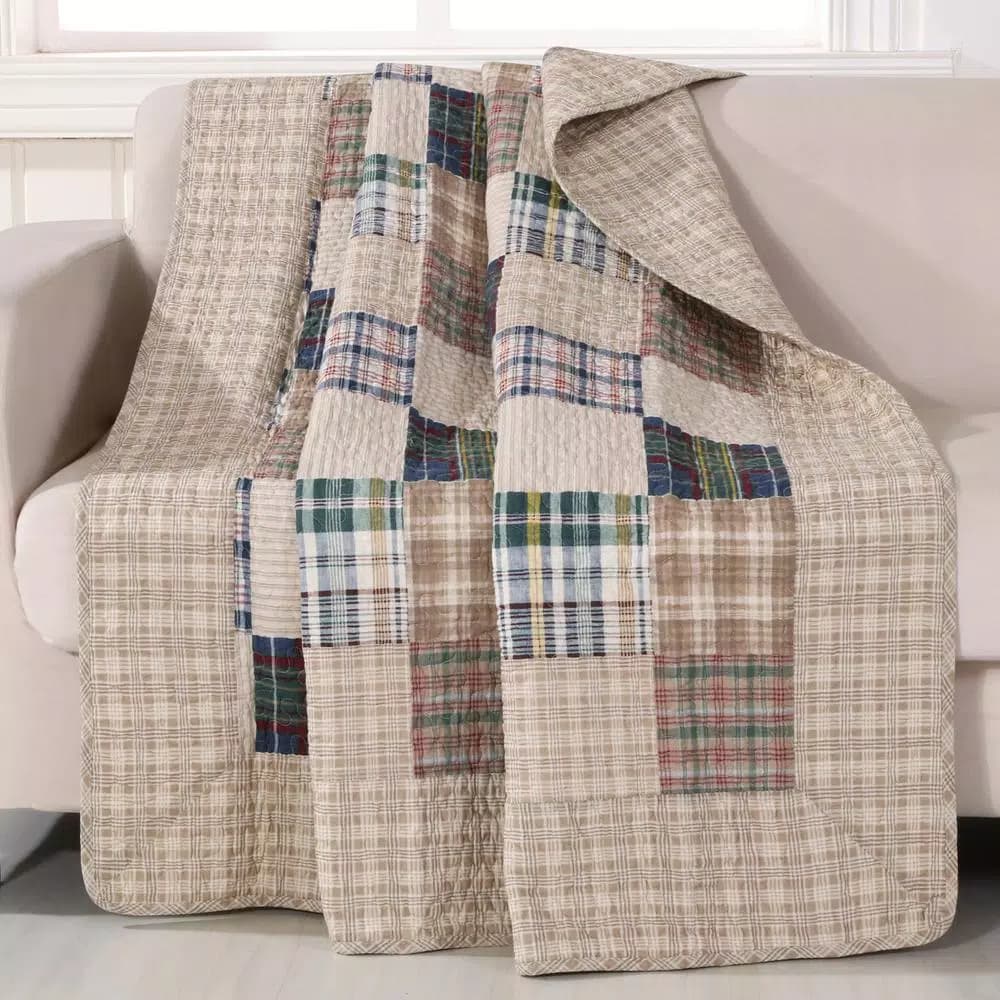 Unbranded Oxford Multi Quilted Cotton Throw, Reversible Plaid Patchwork Design