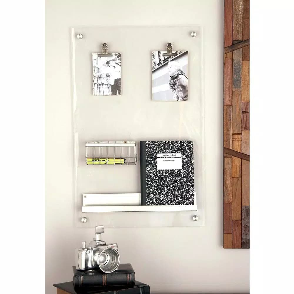 LITTON LANE Silver Acrylic Memo Board with Wire Basket and Pen Holder - Modern Wall Mounted Organizer