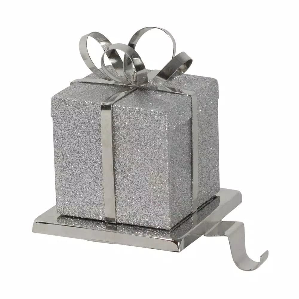 Northlight Winter's Bloom 6 in. Silver Glittered Gift Box Christmas Stocking Holder