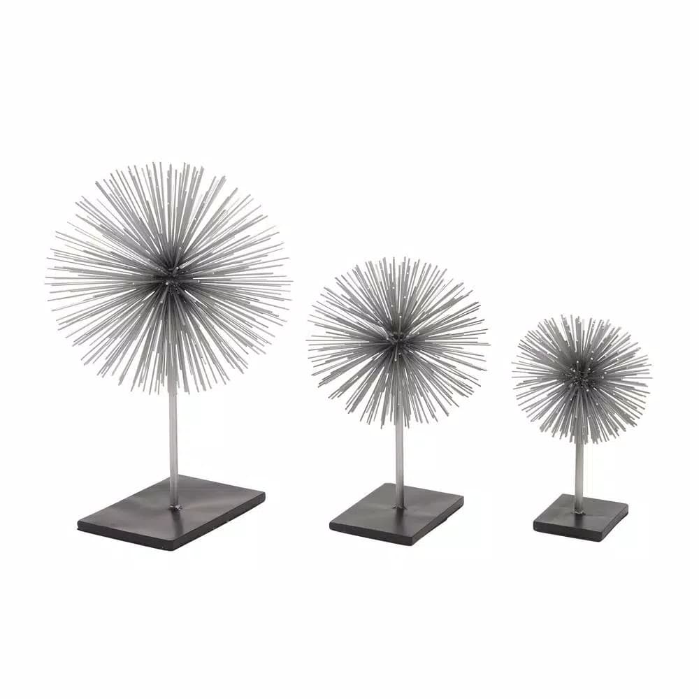 LITTON LANE Set of 3 Metal Starburst Sculptures with Stand - Silver and Black Iron Wire Decor