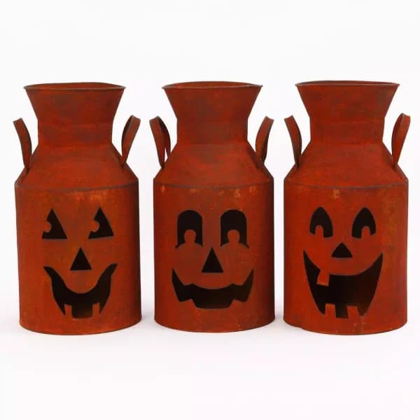Gerson Rustic Metal Jack-O-Lantern Milk Can Luminaries, Set of 3