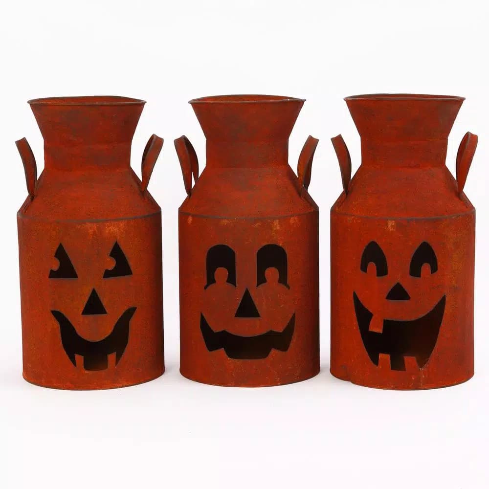Gerson Rustic Metal Jack-O-Lantern Milk Can Luminaries, Set of 3