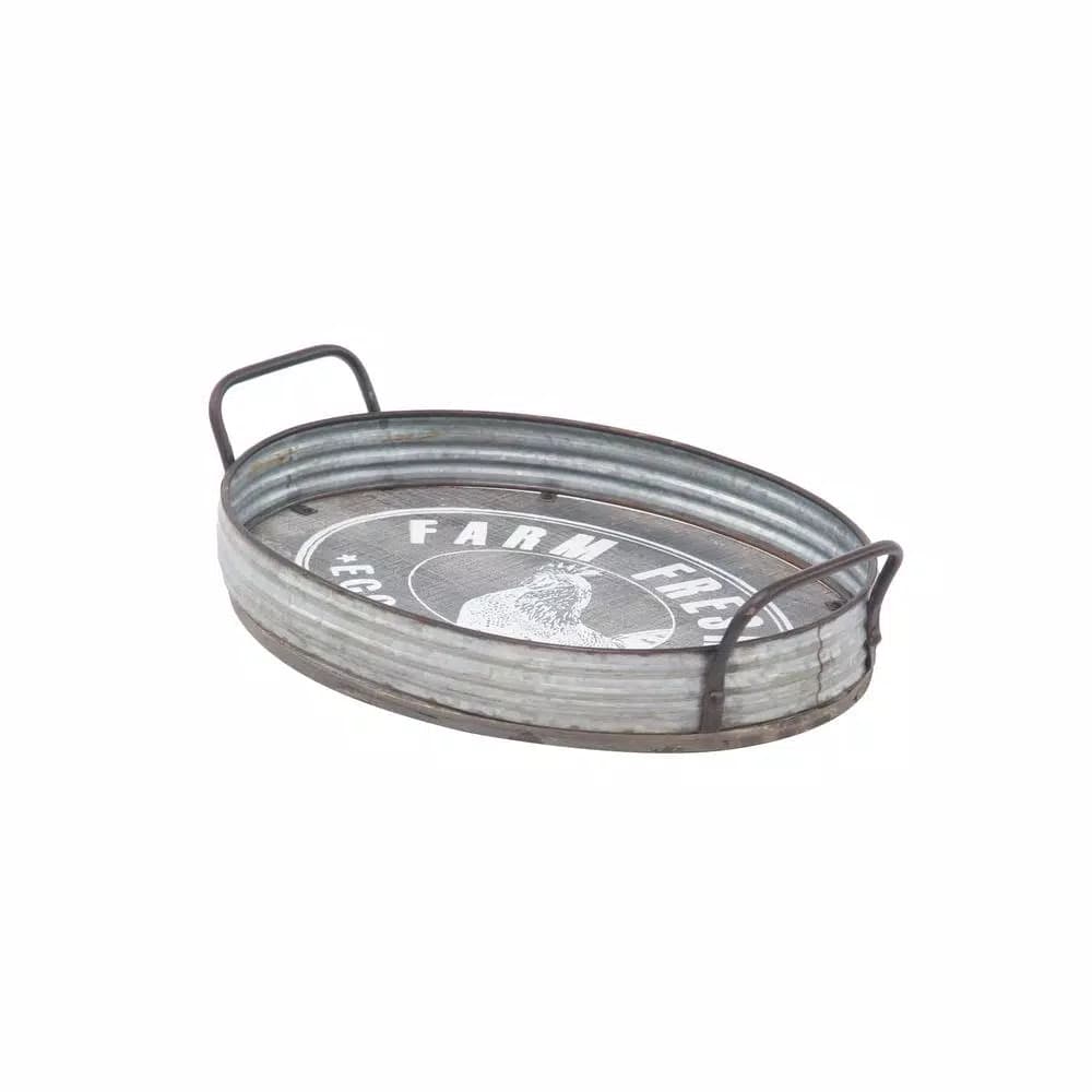 LITTON LANE Distressed Silver Galvanized Iron Decorative Trays with Handles, Set of 2