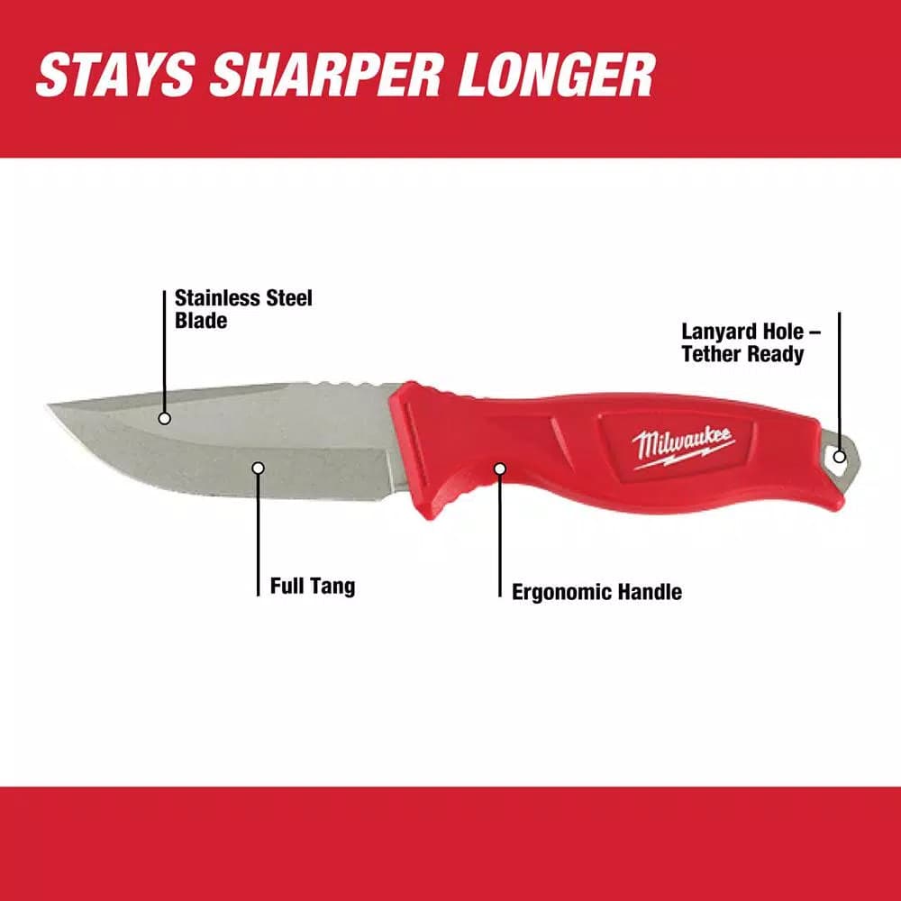 Milwaukee 4 in. Tradesman Fixed Blade Knife with Stainless Steel Drop Point Blade