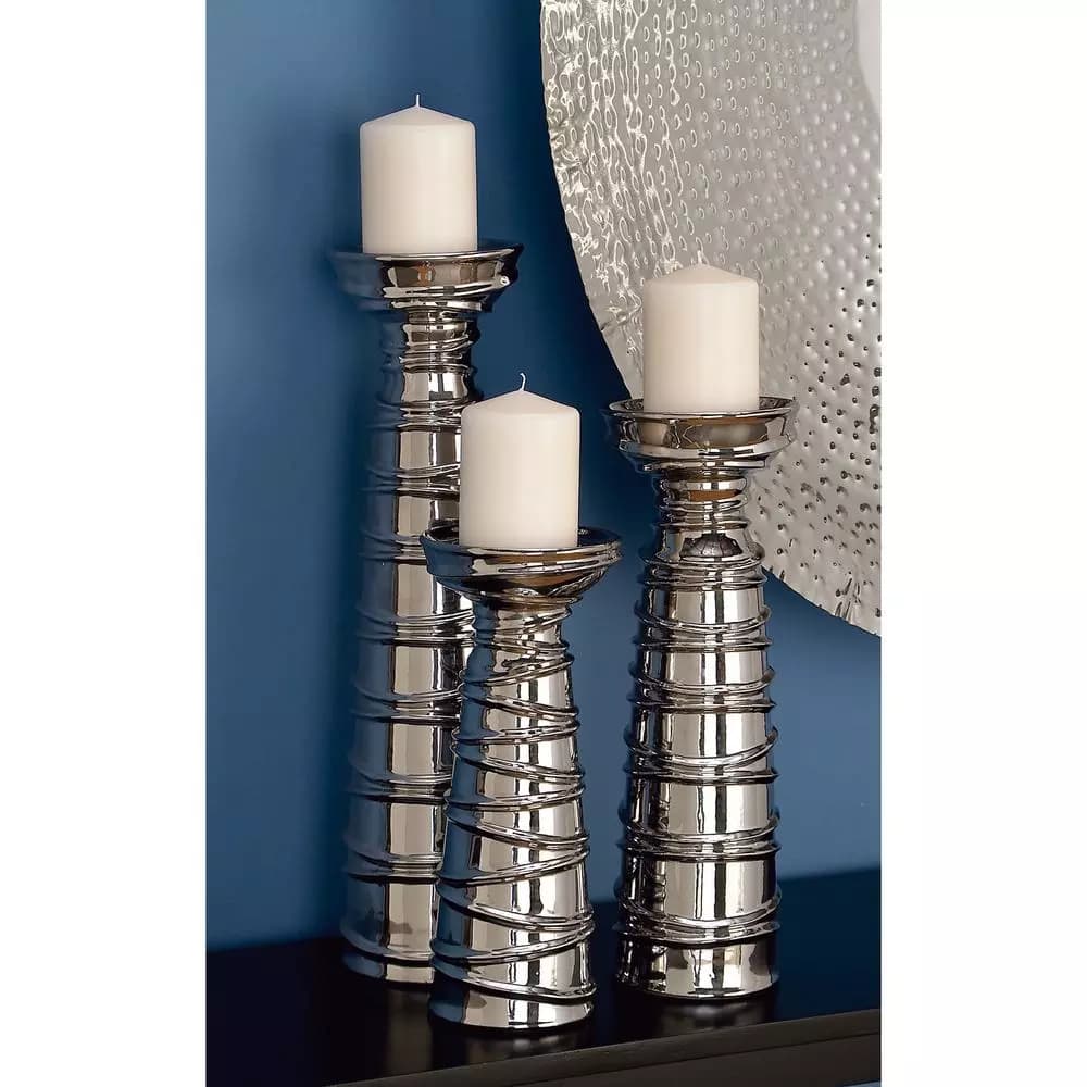 LITTON LANE Contemporary Silver Ceramic Tapered Cylinder Candle Holders, Set of 3