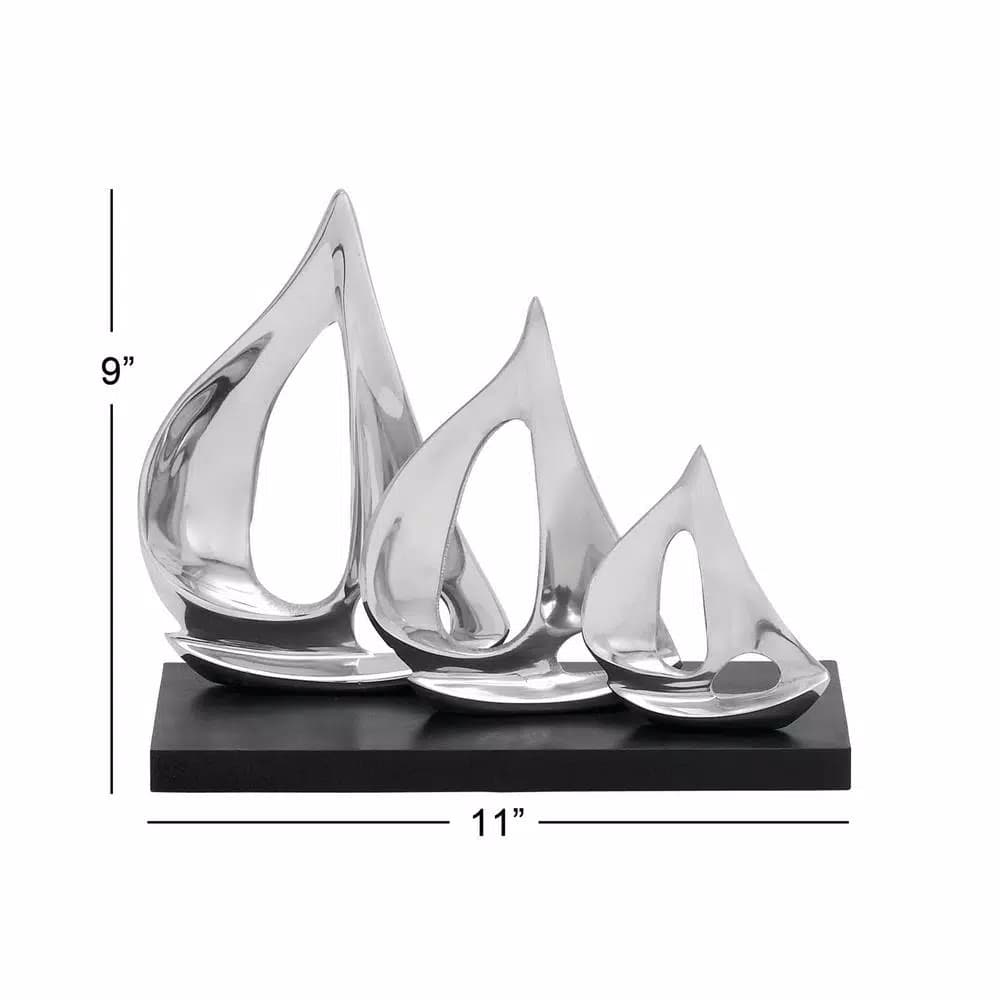 LITTON LANE 9 in. Stylized Sailboat Decorative Sculpture - Polished Silver Aluminum on Black Wood Base