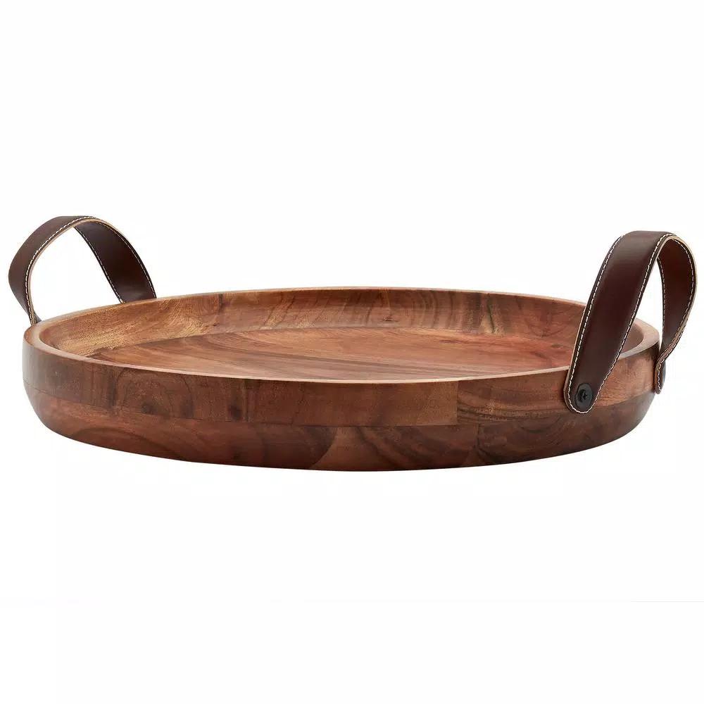 Mason Craft & More 19 in. Round Acacia Wood Serving Tray with Faux Leather Handles